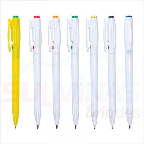 Caneta Plástica 6161C Corpo Branco Detalhe Colorido