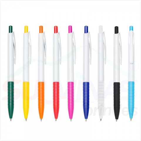Caneta Plástica Corpo Branco Detalhe Colorido 401C